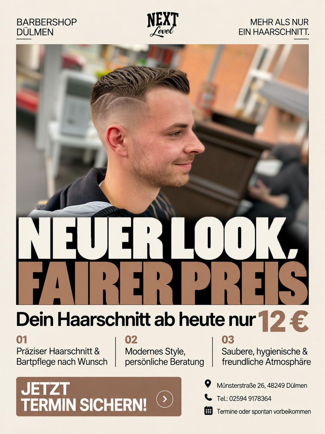 Plakat: Next Level Barbershop – Neuer Look, fairer Preis