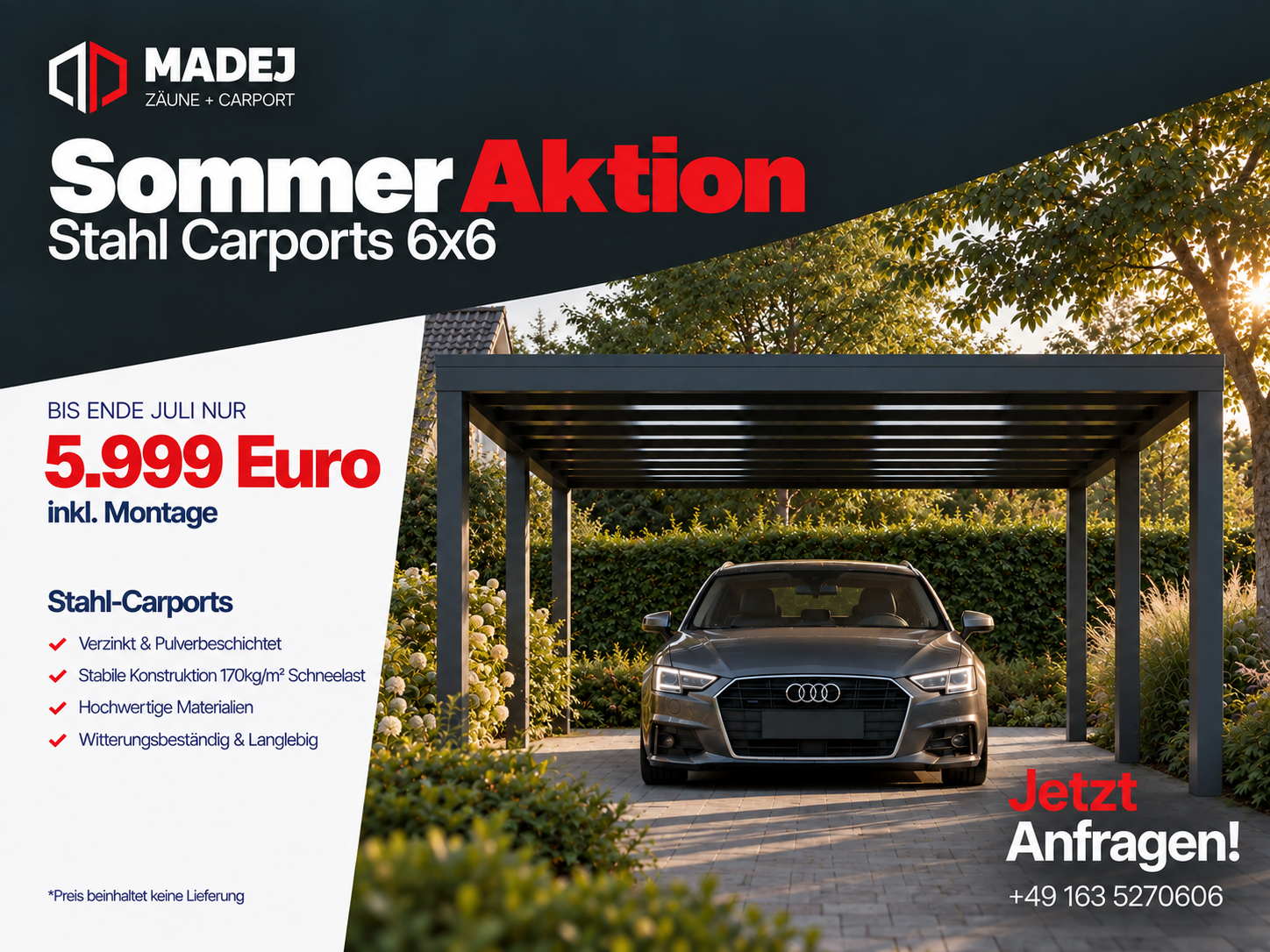 Plakat: Madej Sommeraktion – Stahl Carports 6x6