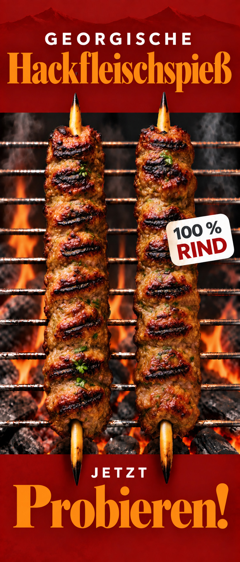 Plakat: Georgische Hackfleischspieß – Jetzt probieren!