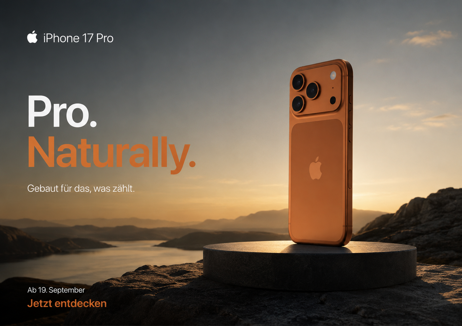 Werbeplakat: iPhone 17 Pro – Pro. Naturally.